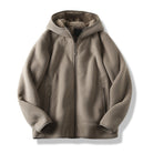 Men's sherpa-lined fleece jacket with hood in taupe, front view