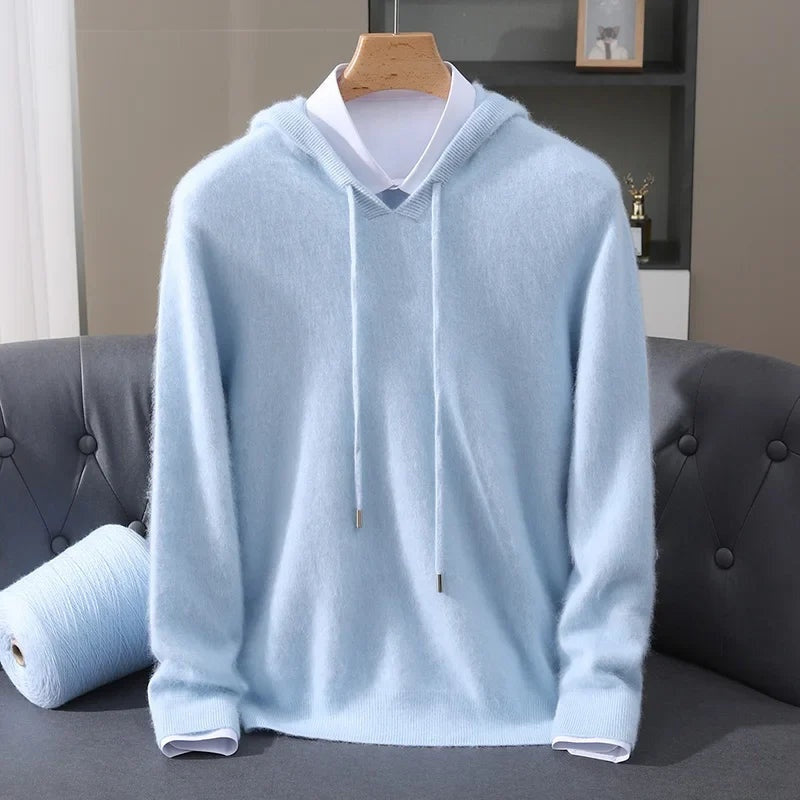 Men's lightweight knit hoodie in light blue, on a hanger, front view