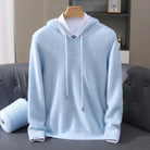 Men's lightweight knit hoodie in light blue, on a hanger, front view