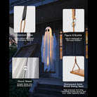 Infographic showing swinging LED ghost decoration with rope, buckle, and wood seat details | Chaps London
