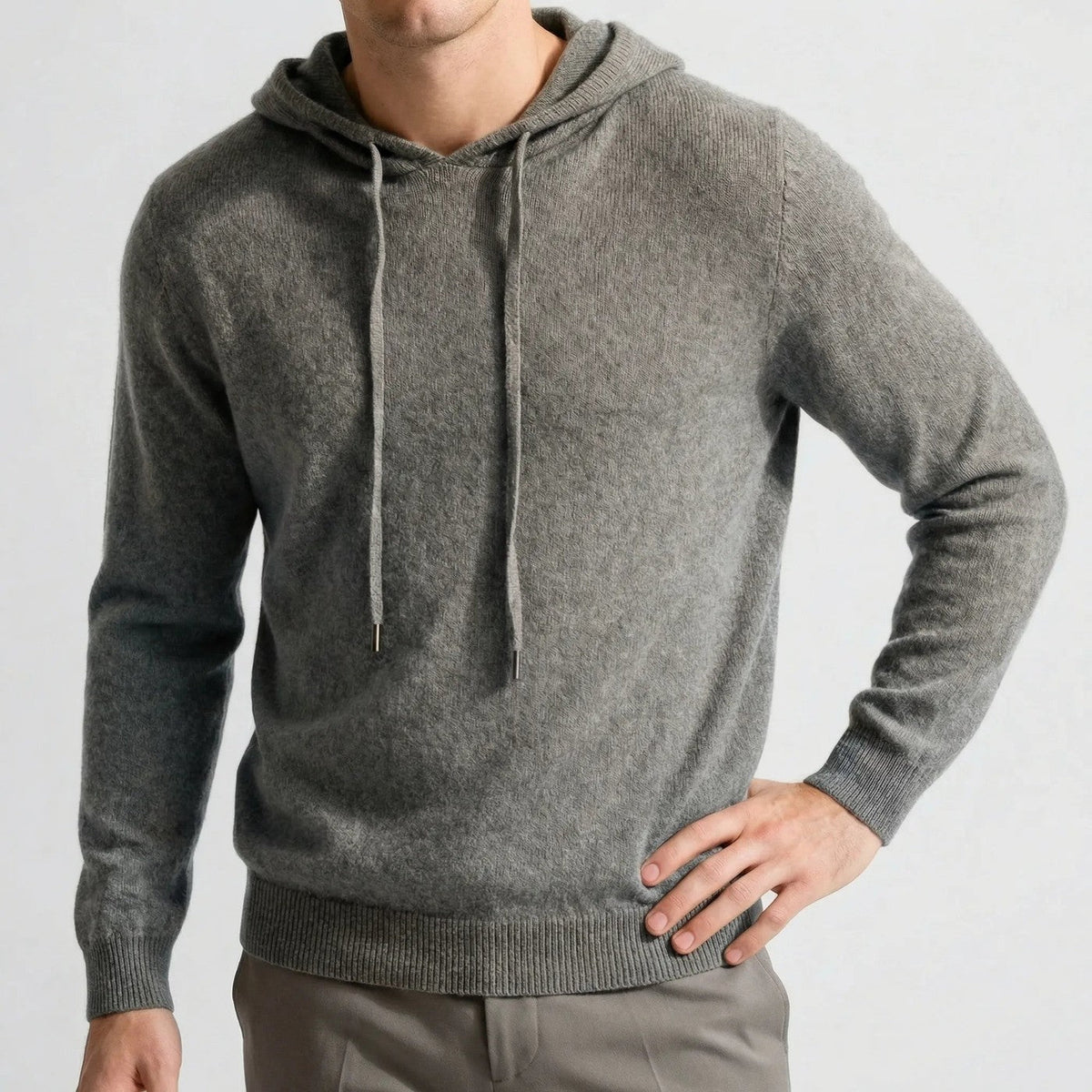 Men's fine-knit hooded jumper in grey, worn, front view