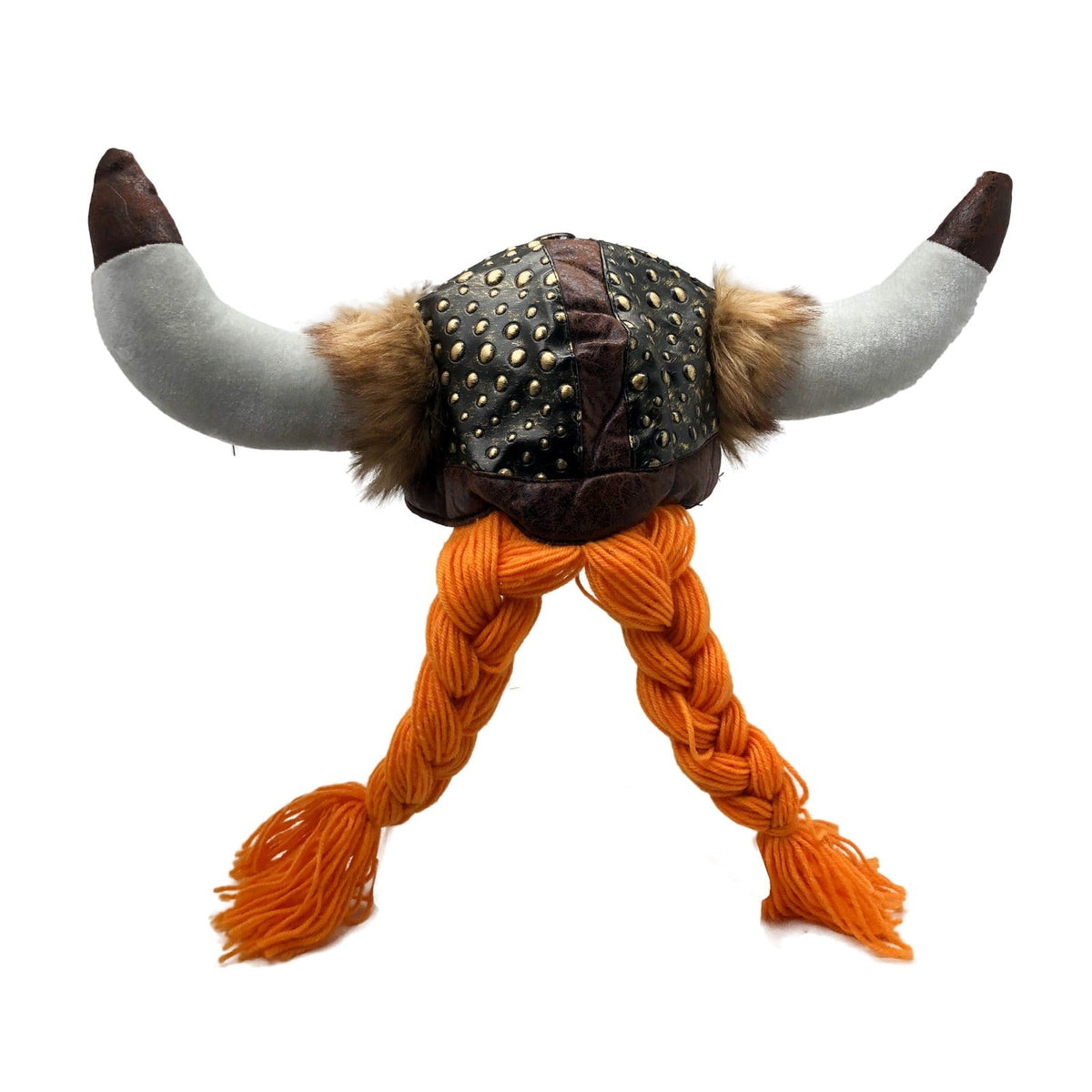 Viking costume hat with soft horns and braids, back view