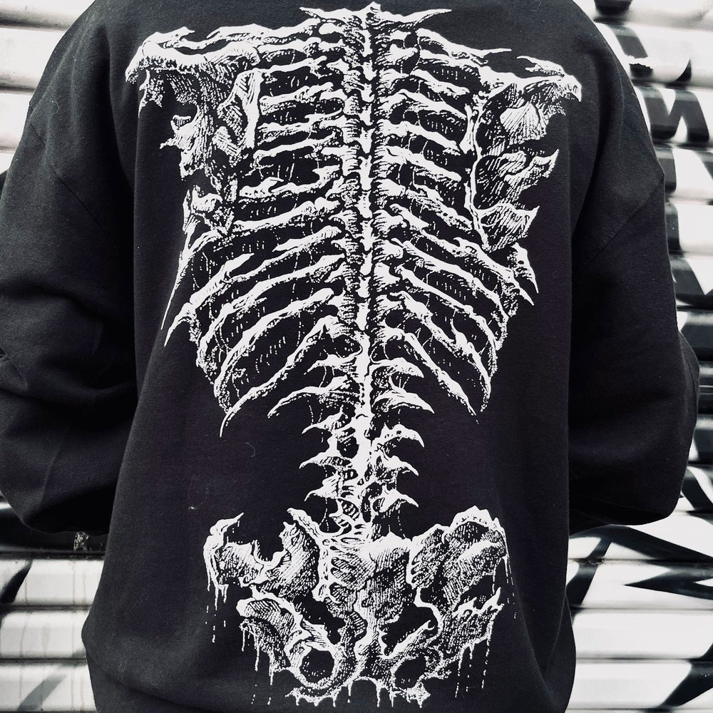Skeleton hoodie, back view with the spine print