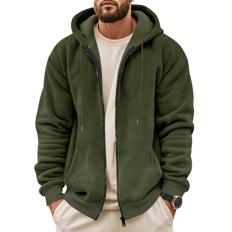 Men's waffle zip hoodie in dark green, worn, front view