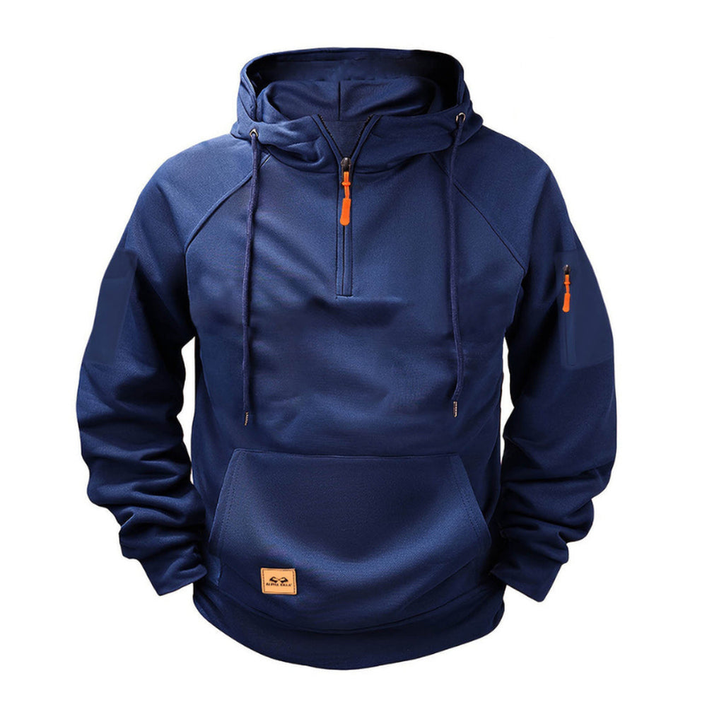 Navy half-zip hoodie with a zipped pocket on the upper sleeve | Chaps London