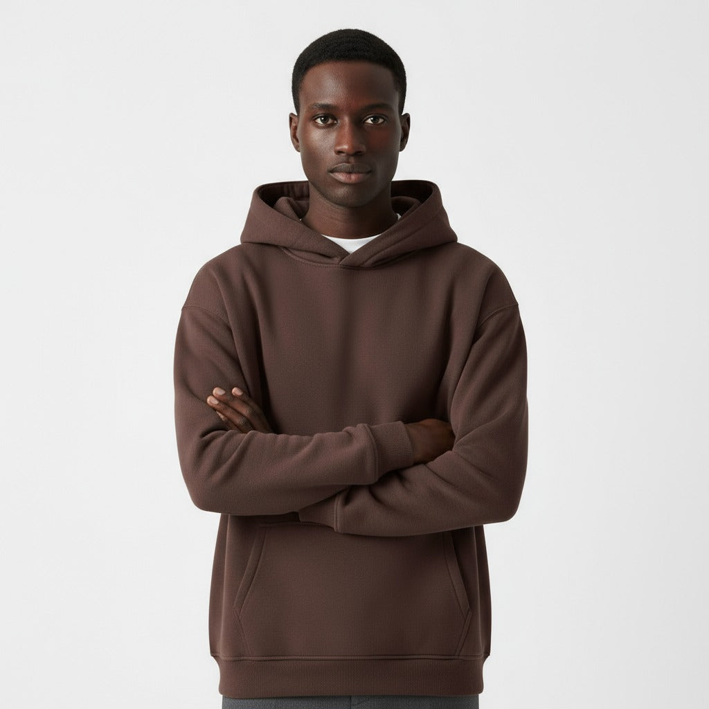 Men's heavyweight hoodie in dark brown, worn, front view