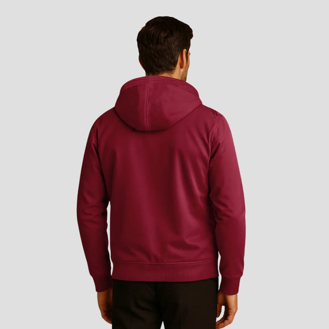 Men's sherpa-lined zip hoodie in burgundy, worn, back view