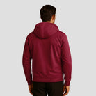 Men's sherpa-lined zip hoodie in burgundy, worn, back view