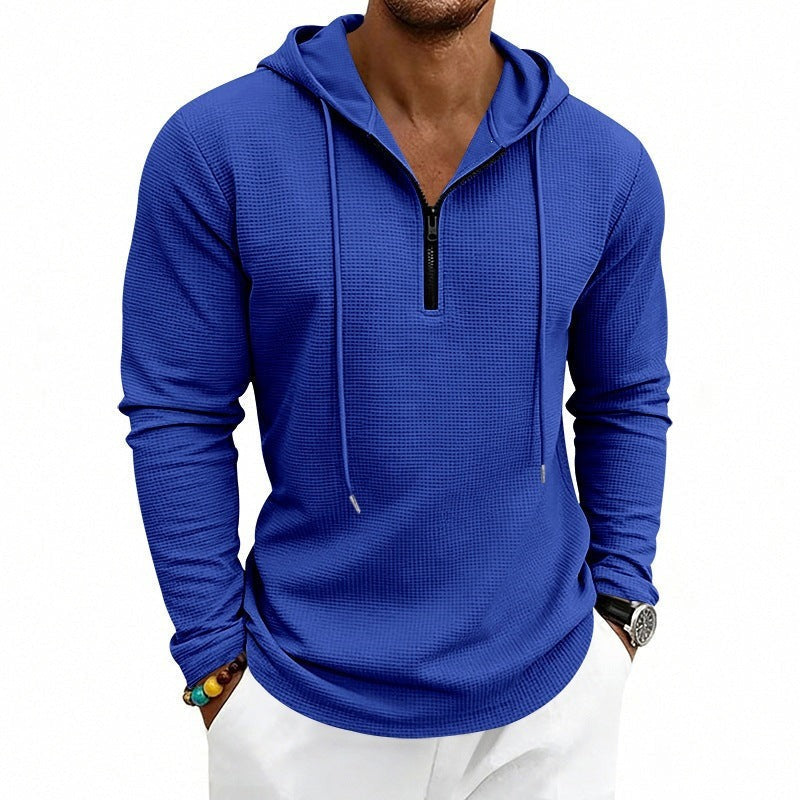 Men's textured quarter-zip hoodie in royal blue, worn, front view