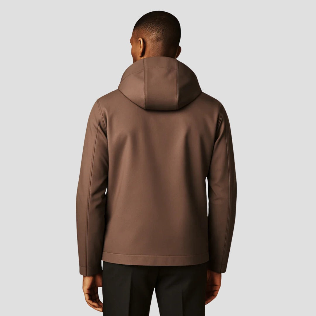 Men's hooded zip jacket in brown, worn, back view