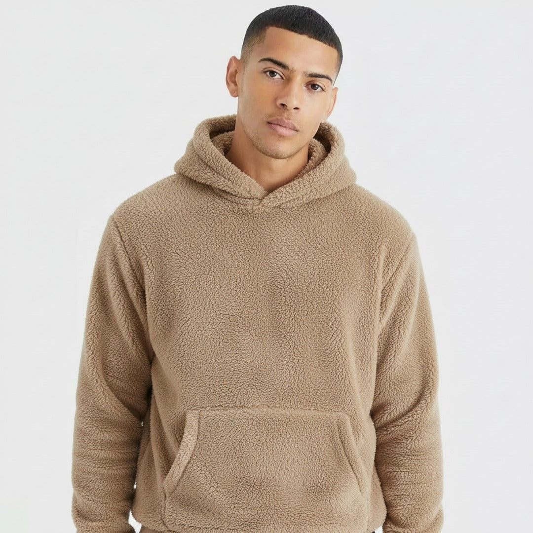 Men's fluffy borg hoodie in brown, worn, front view