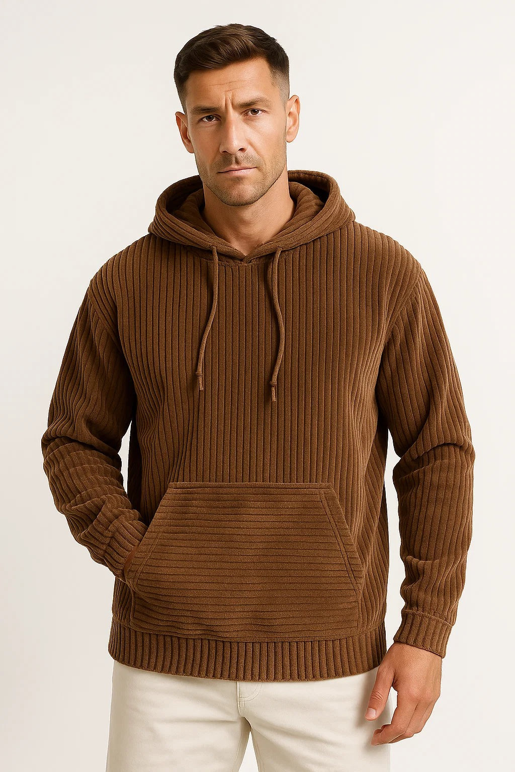 Men's corduroy hoodie in coffee brown, worn, front view