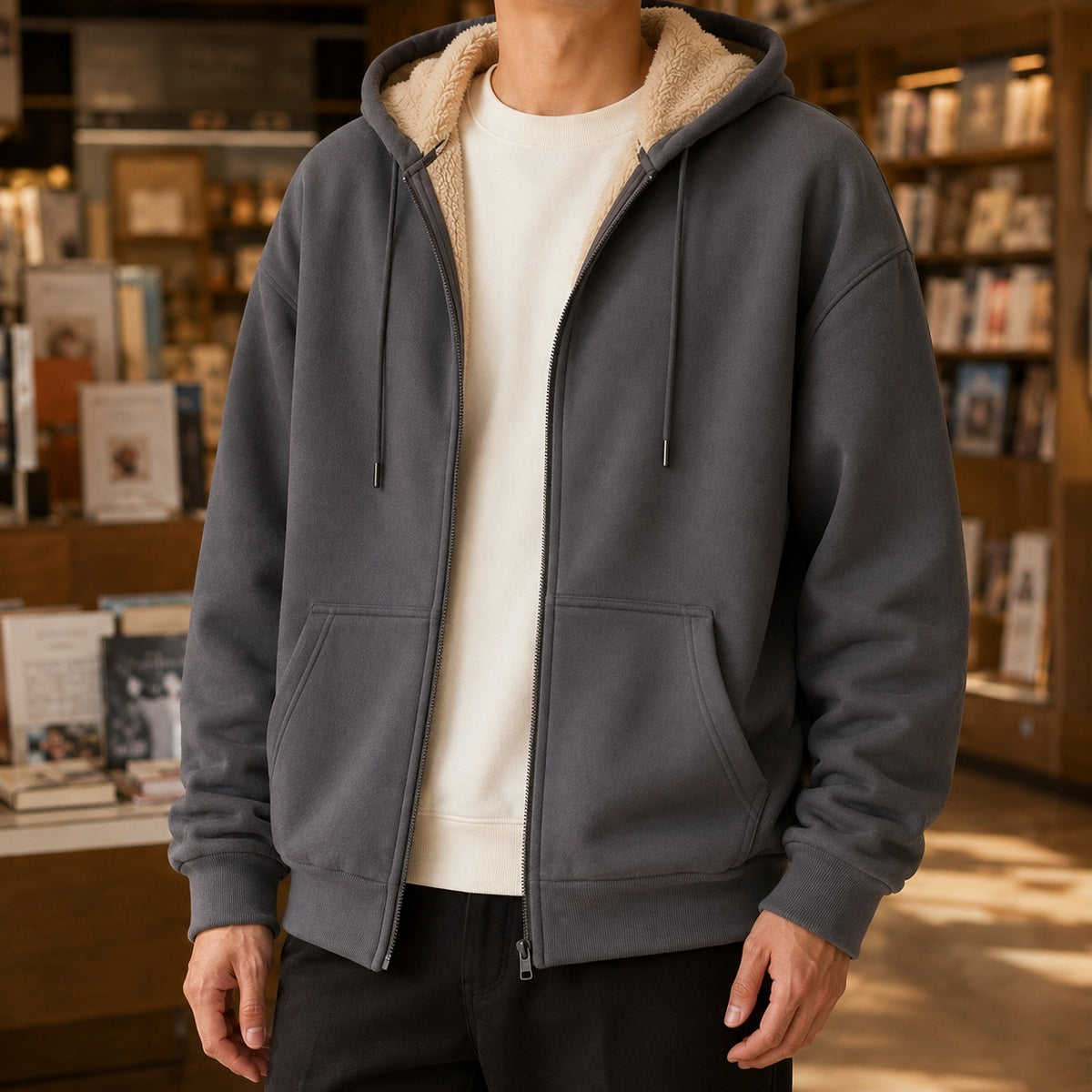 Men's zip-through hoodie in grey, worn, front view
