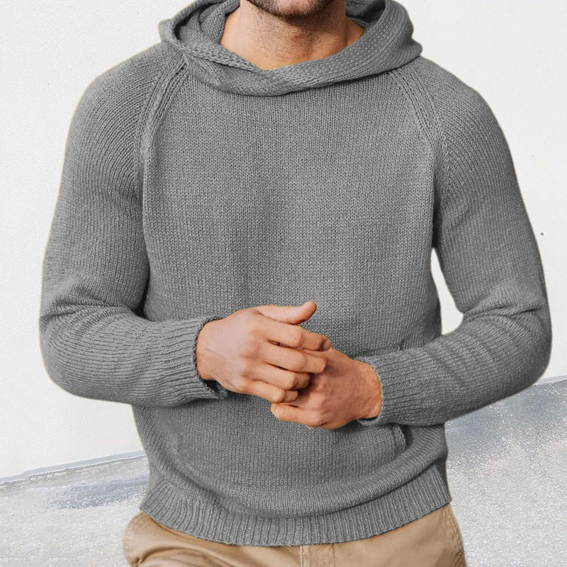 Men's knitted hooded jumper in grey, worn, front view