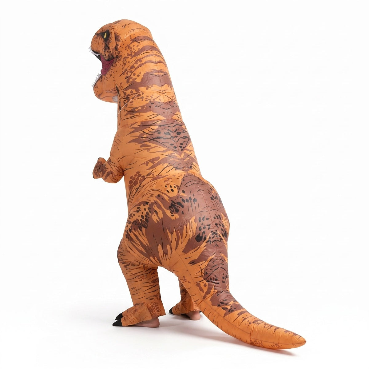 Inflatable T-Rex costume seen from behind with the long tail