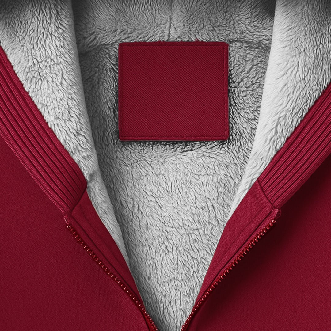 Men's sherpa-lined zip hoodie in burgundy, close-up of the sherpa lining and the zip