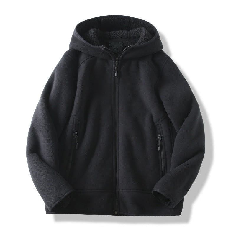 Men's sherpa-lined fleece jacket with hood in black, front view