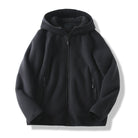 Men's sherpa-lined fleece jacket with hood in black, front view