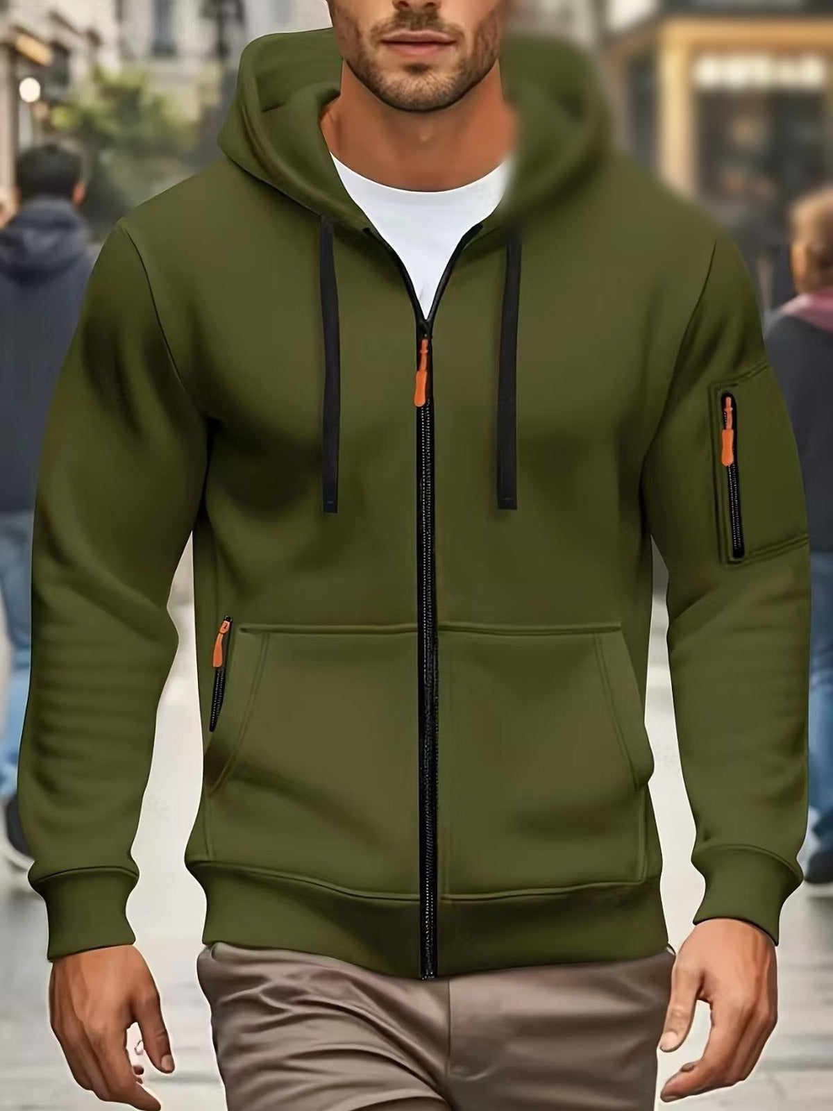 Men's full-zip hoodie with a sleeve pocket in army green, worn, front view