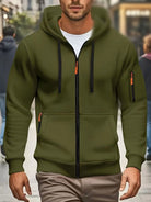 Men's full-zip hoodie with a sleeve pocket in army green, worn, front view