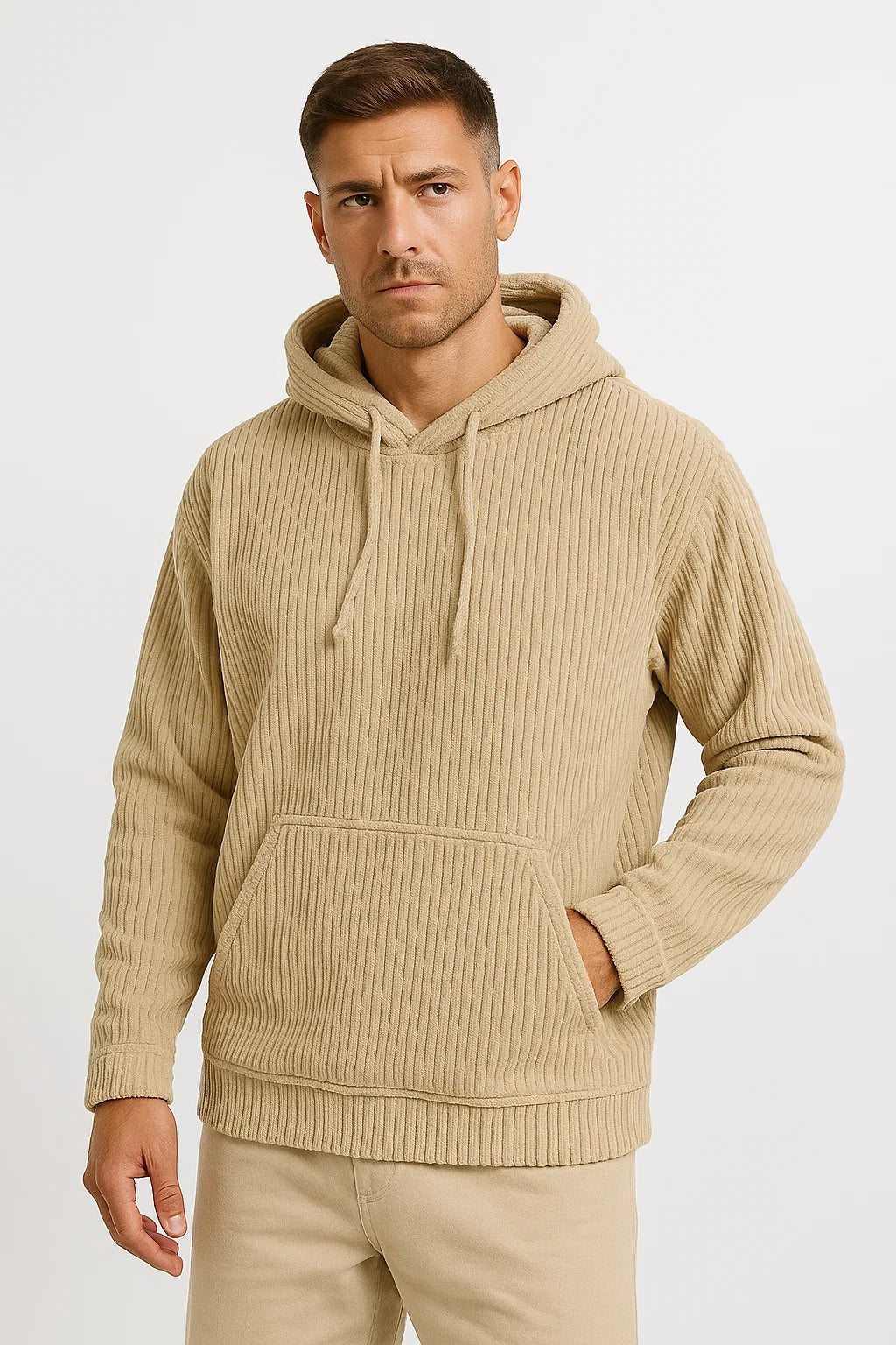 Men's corduroy hoodie in beige, worn, front view