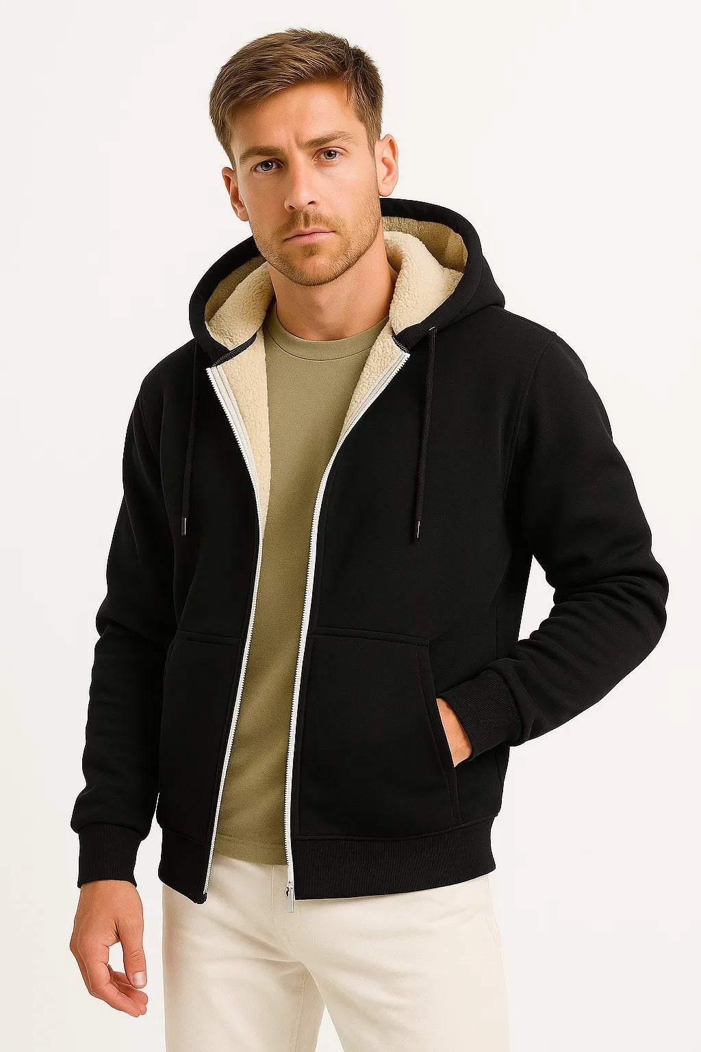 Men's sherpa-lined zip-up hoodie in black, worn, front view