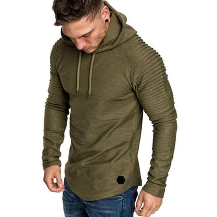 Men's slim-fit hoodie with ribbed sleeves in olive green, worn, front view