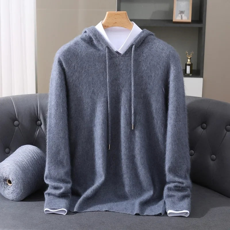 Men's lightweight knit hoodie in blue grey, on a hanger, front view