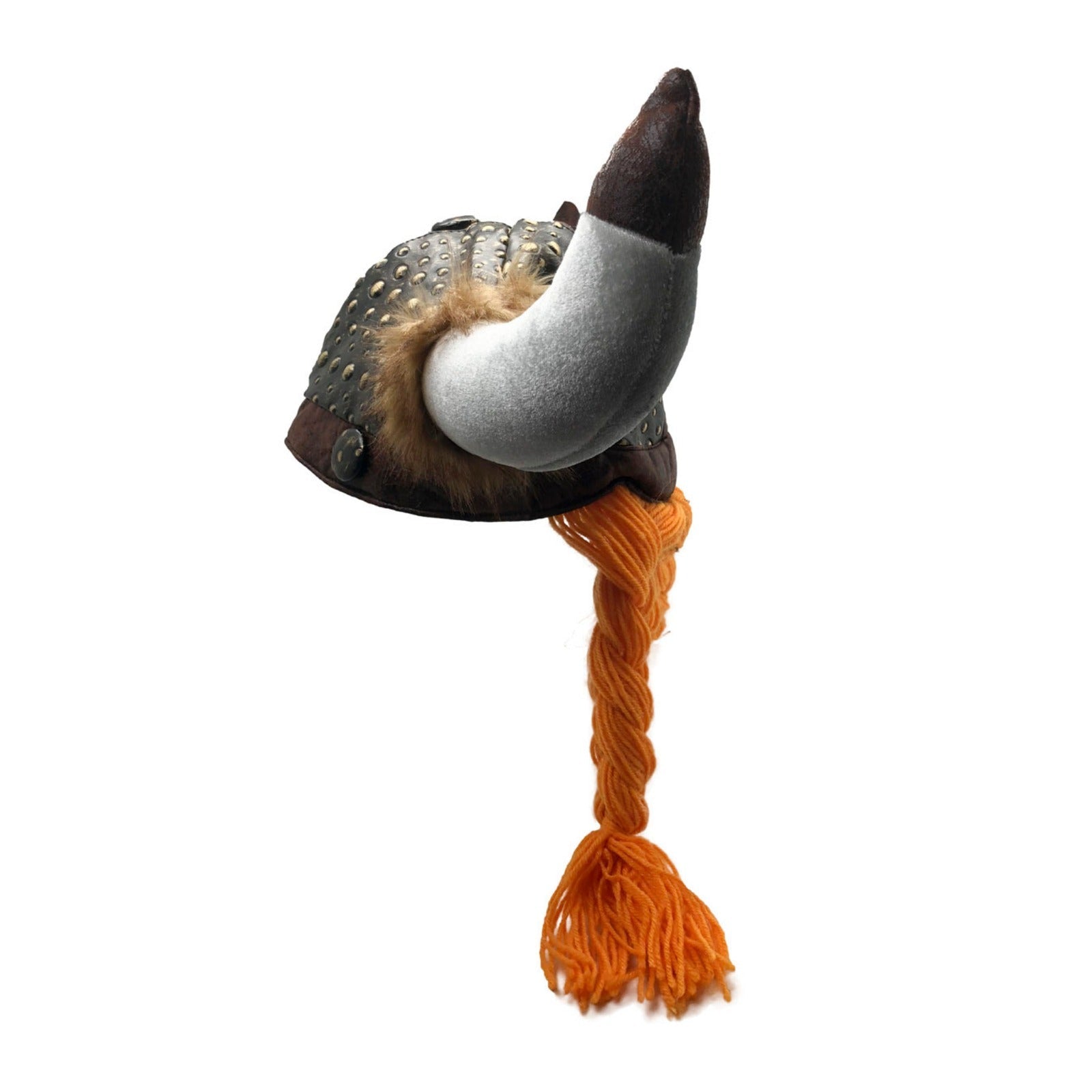 Viking costume hat with braids, side view