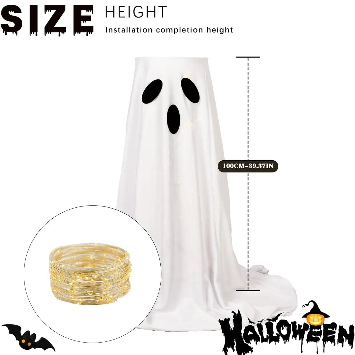 Size chart showing ghost decoration height with LED string light inset | Chaps London
