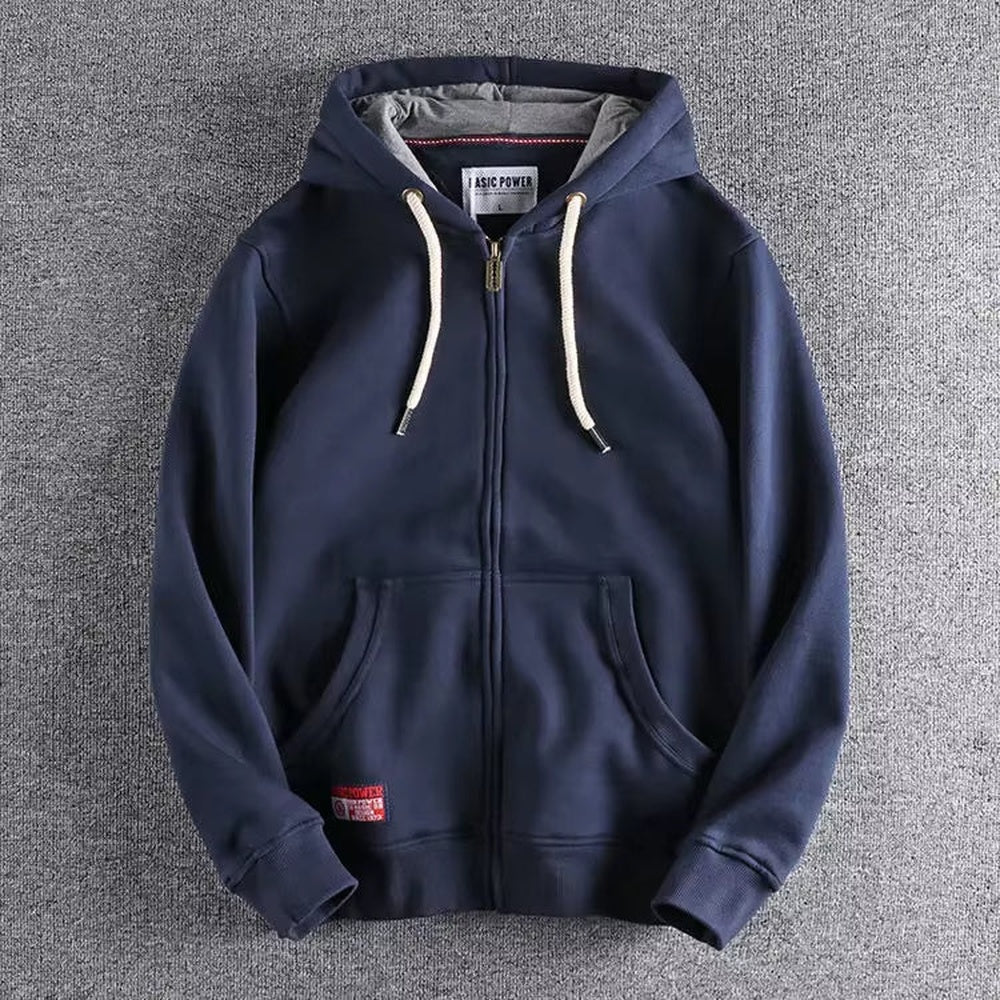Navy zip-up hoodie with a full-length zip and metal pull, laid flat | Chaps London