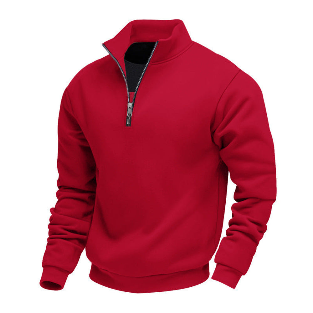 Red fleece-lined quarter zip jumper with a metal zip, product shot | Chaps London