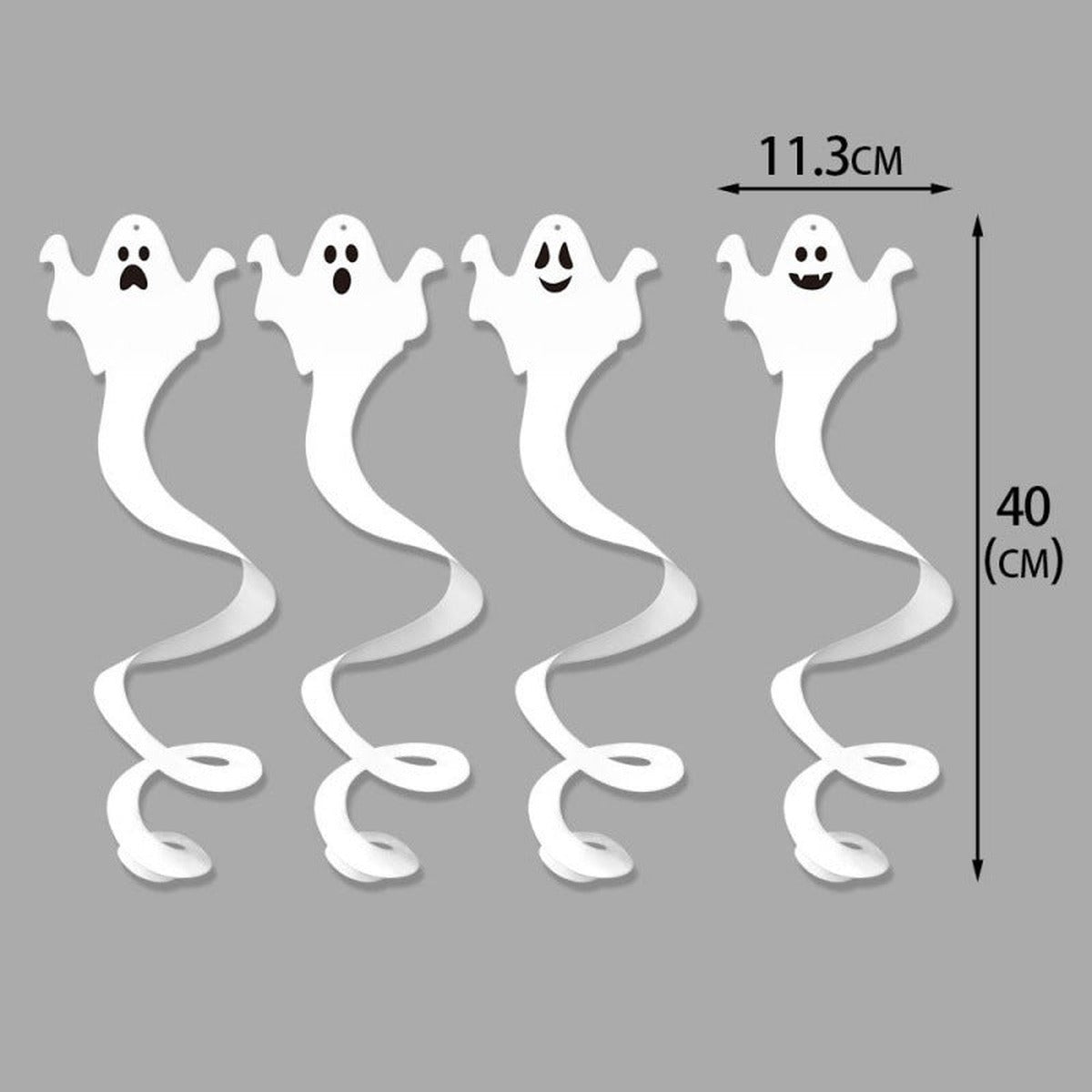 Size chart showing four white ghost swirl decorations with measurement arrows | Chaps London