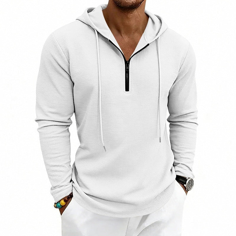 Men's textured quarter-zip hoodie in white, worn, front view