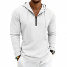 Men's textured quarter-zip hoodie in white, worn, front view