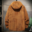 Men's hooded borg jacket in camel, on a hanger, back view