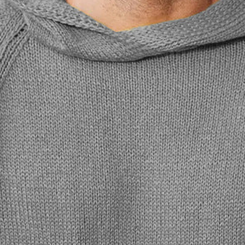 Men's knitted hooded jumper in grey, close-up of the knit and the hood