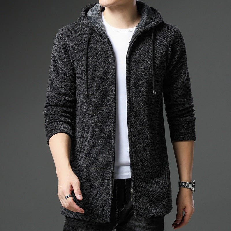 Men's knitted longline hooded cardigan in dark grey, worn, front view