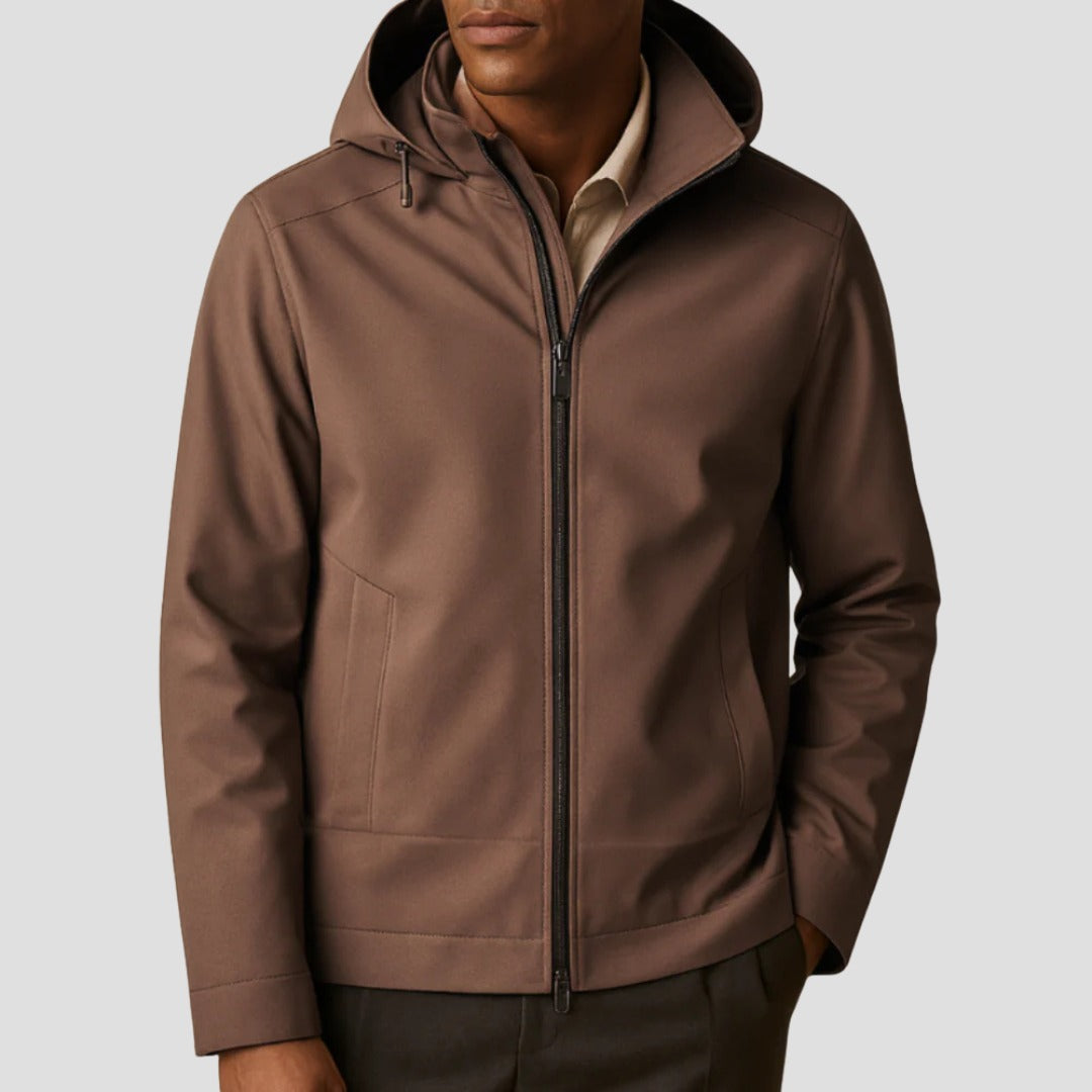 Men's hooded zip jacket in brown, worn, front view