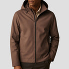 Men's hooded zip jacket in brown, worn, front view