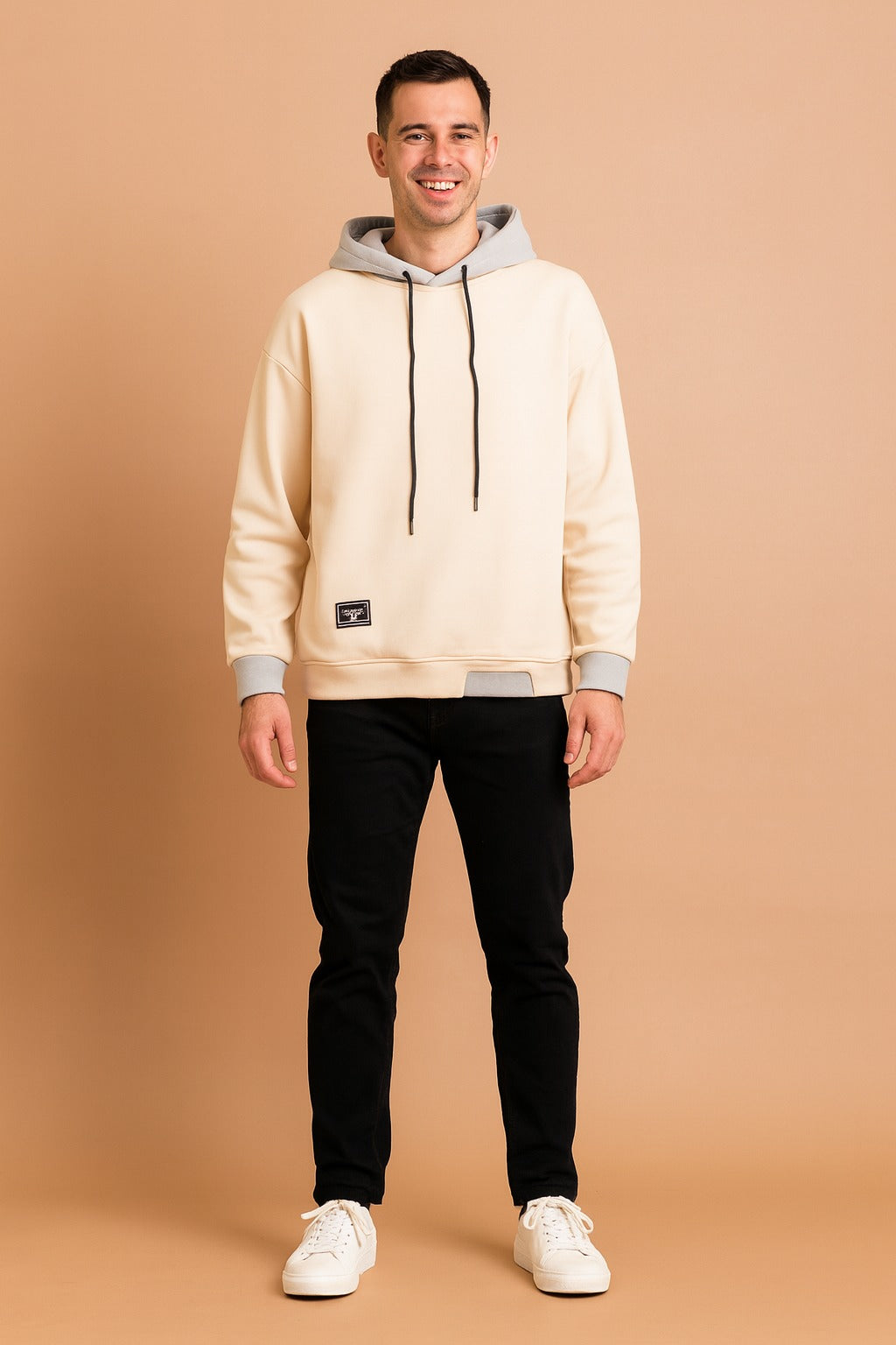 Men's two-tone hoodie with contrast hood in beige, worn, front view