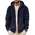 Men's waffle zip hoodie in navy, worn, front view