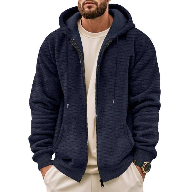 Men's waffle zip hoodie in navy, worn, front view