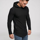 Men's slim-fit gym hoodie in black, worn, with the zipped side pocket in view