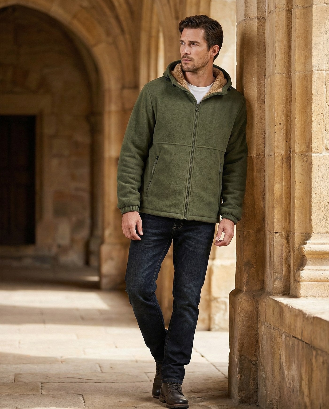 Men's sherpa-lined zip-up fleece in army green, worn, front view