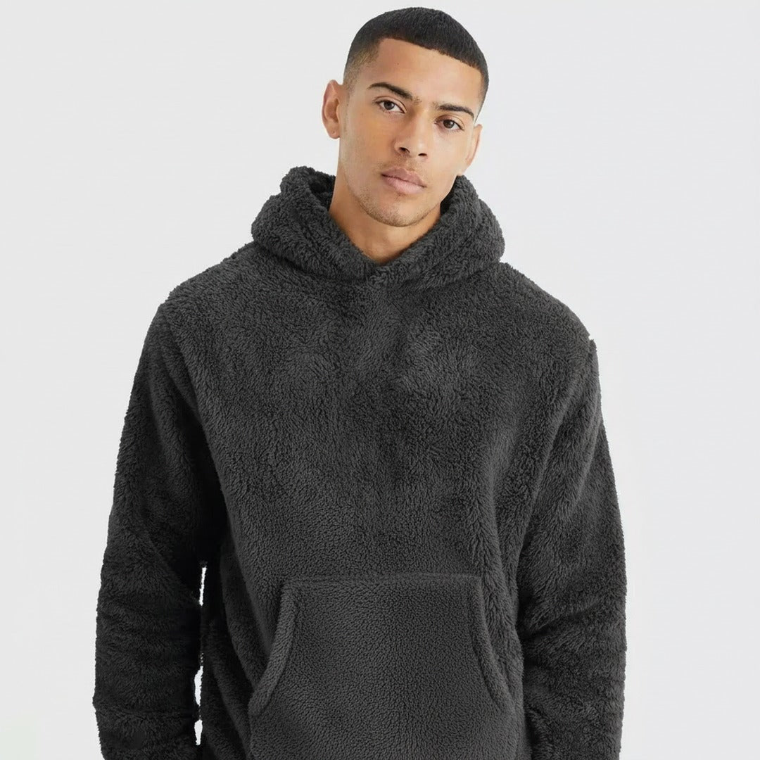 Men's fluffy borg hoodie in dark grey, worn, front view