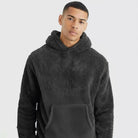 Men's fluffy borg hoodie in dark grey, worn, front view