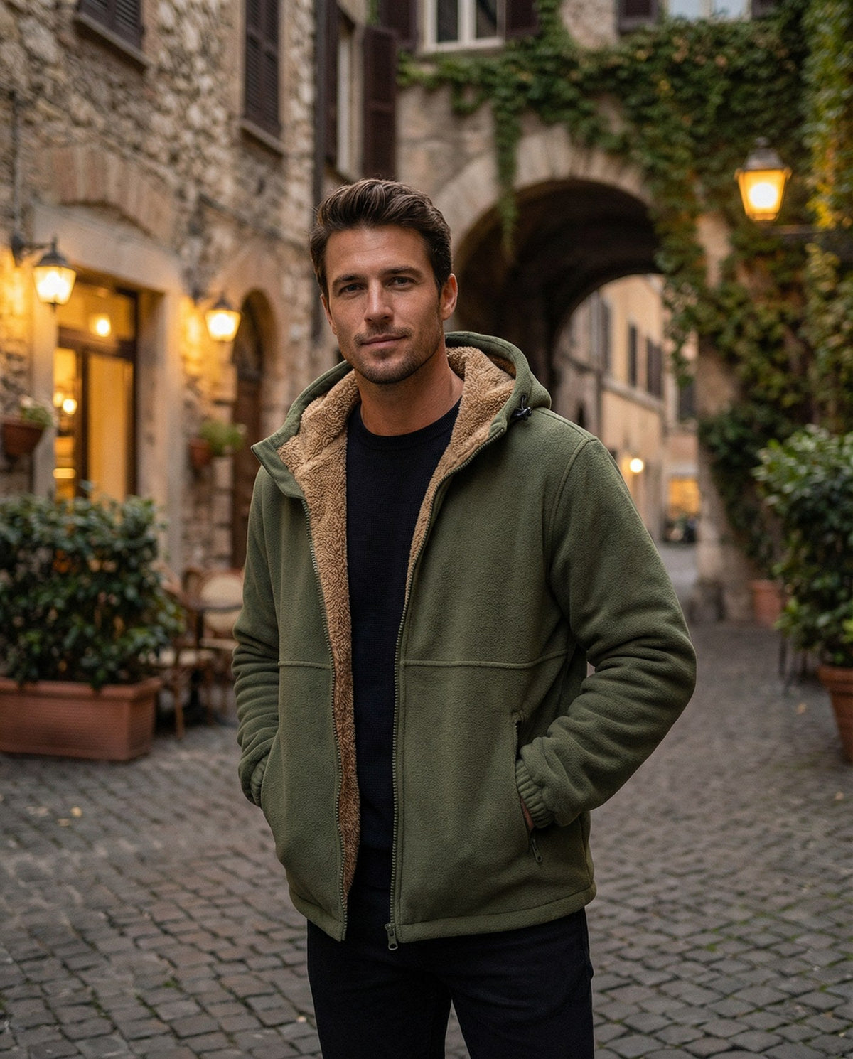 Men's sherpa-lined zip-up fleece in army green, worn, front view