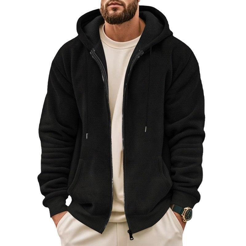 Men's waffle zip hoodie in black, worn, front view