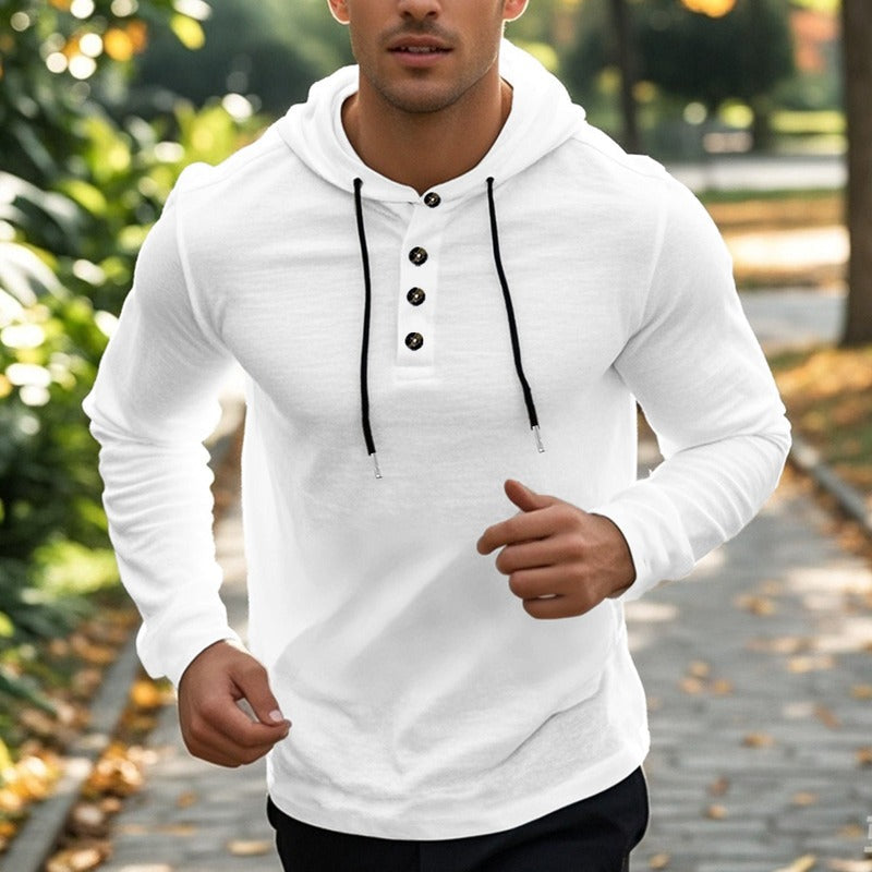 Men's henley hoodie with a button placket in white, worn, front view